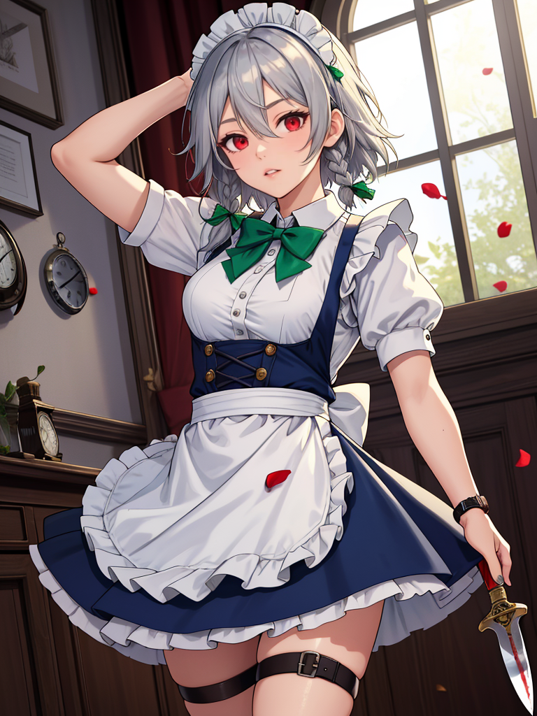 00119-1318373664-1girl, solo, izayoi sakuya, knife, apron, maid headdress, short sleeves, twin braids, holding knife, dress, puffy sleeves, red e.png